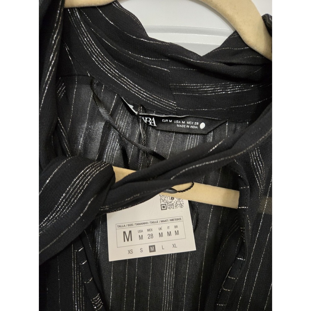 Zara ZW Collection Metallic Thread Semi-sheer Tie Neck Blouse Black Sz M NWT - Picture 5 of 8